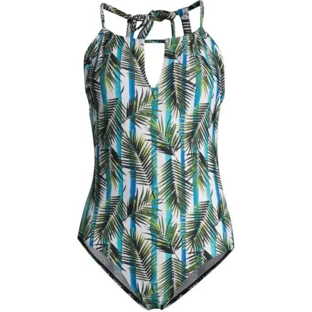 Nicole Miller Palm Tropical One Piece High Neck Swimsuit SZ 2X